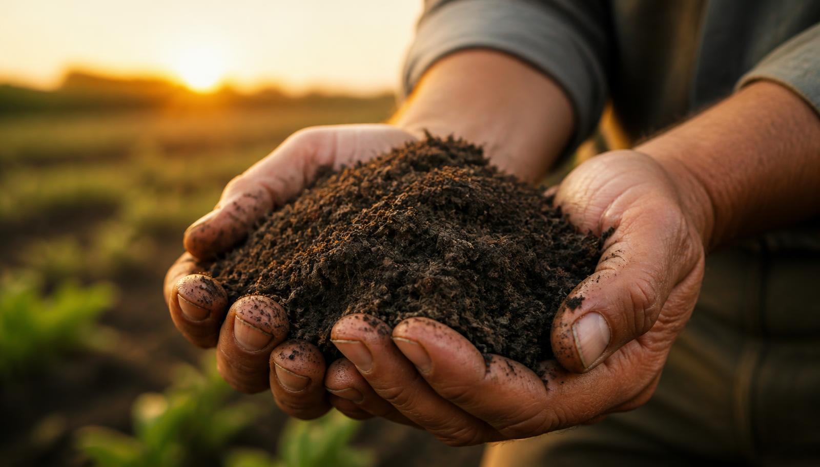 Farmer's hands cupping rich soil at sunset