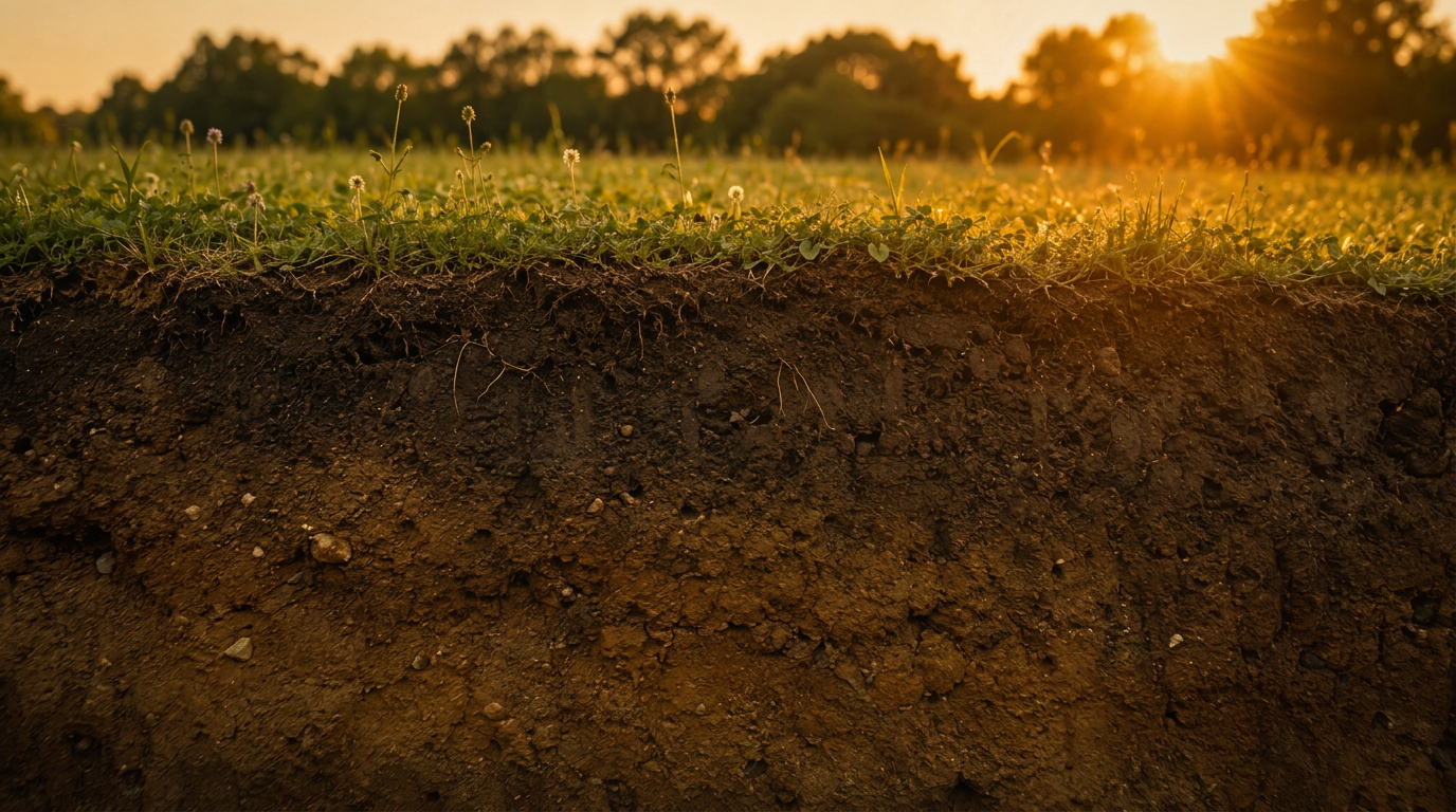 A cinematic field at sunrise where the soil surface appears semi-transparent, revealing layered strata, roots and organic matter beneath the ground