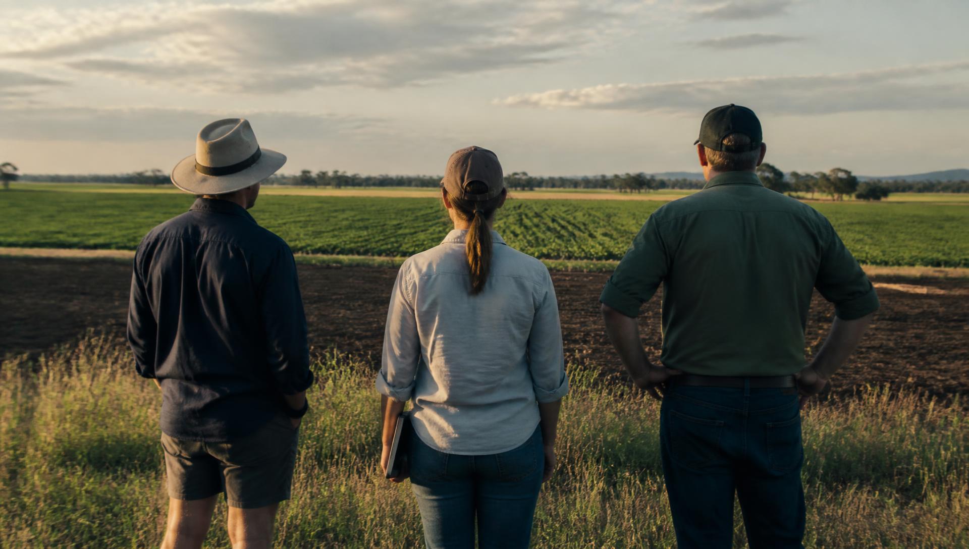 Farmers looking out across a paddock toward the horizon, one holding a tablet