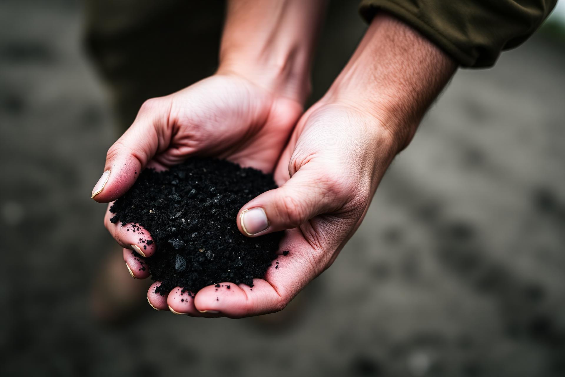 Hands cupping dark, carbon-rich soil in a field