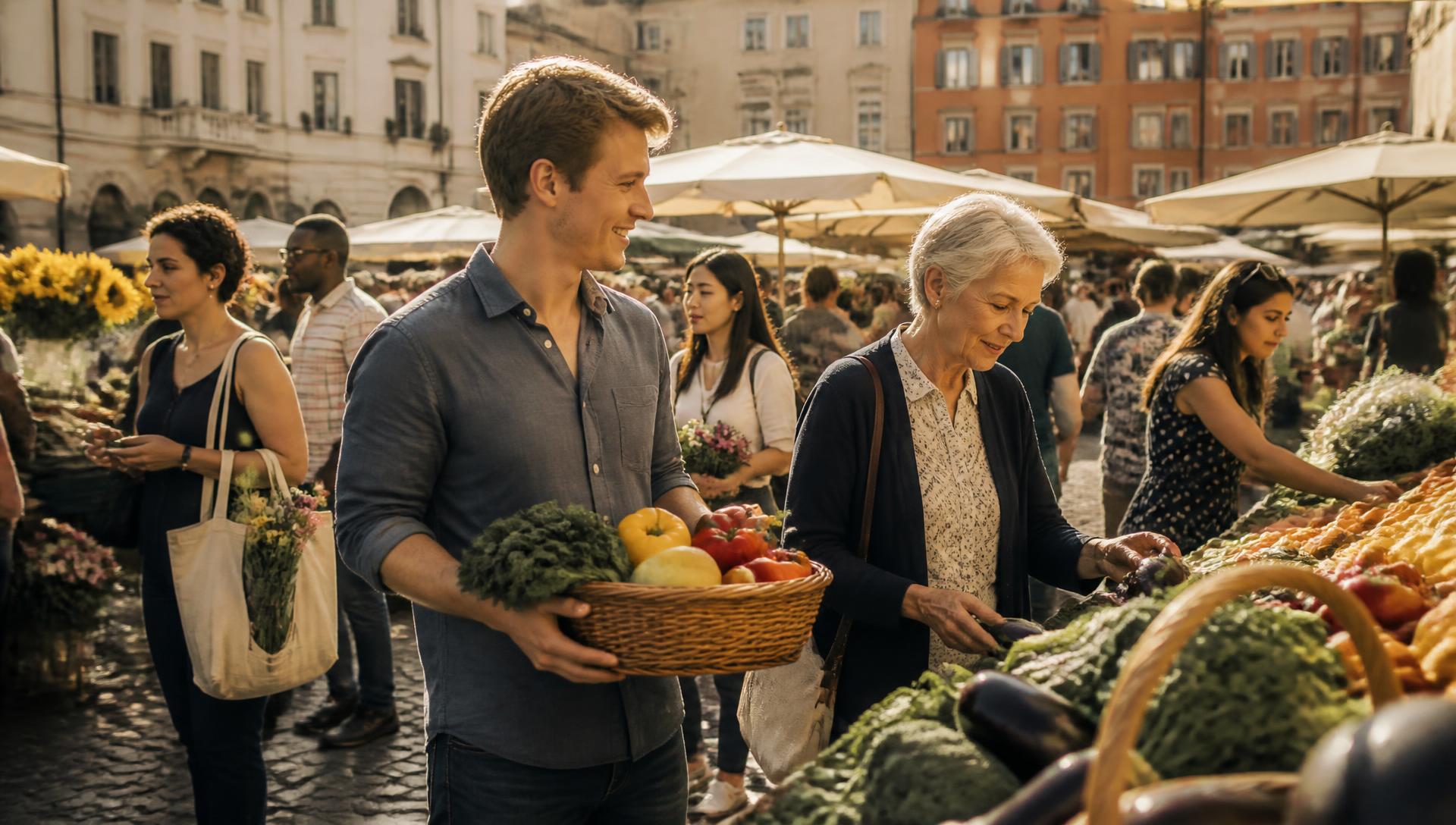 Diverse community members sharing fresh produce at a local food market
