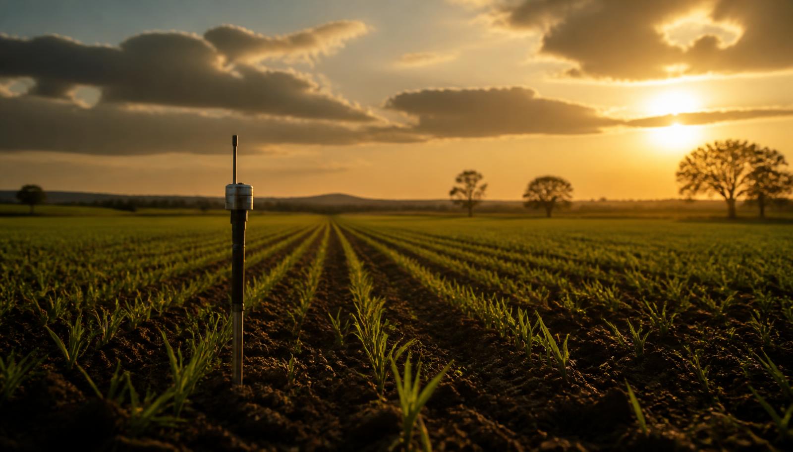 Soil sensor standing in a young crop field at sunset